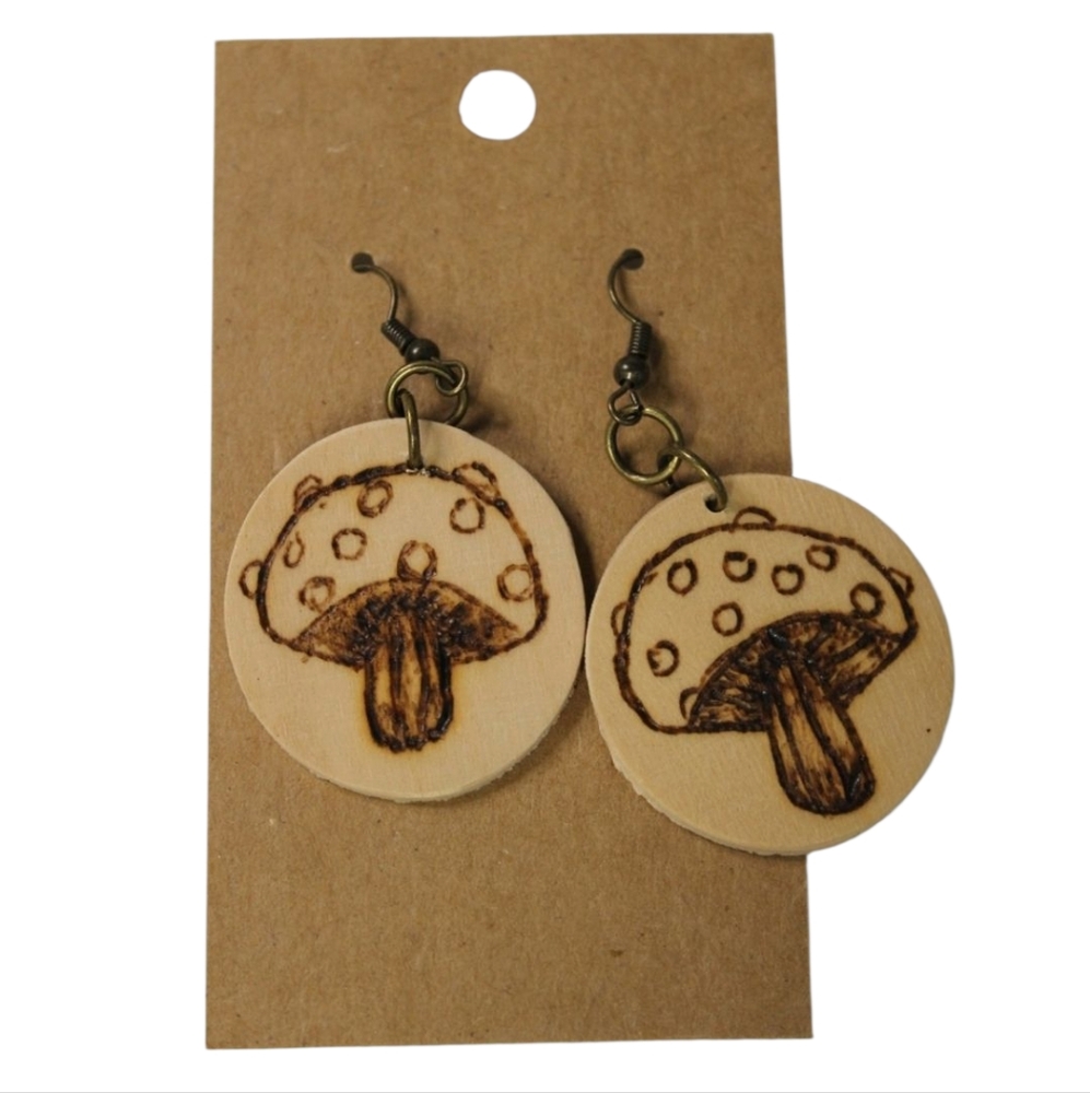 Handmade Wood Mushroom Earrings -Hypoallergenic